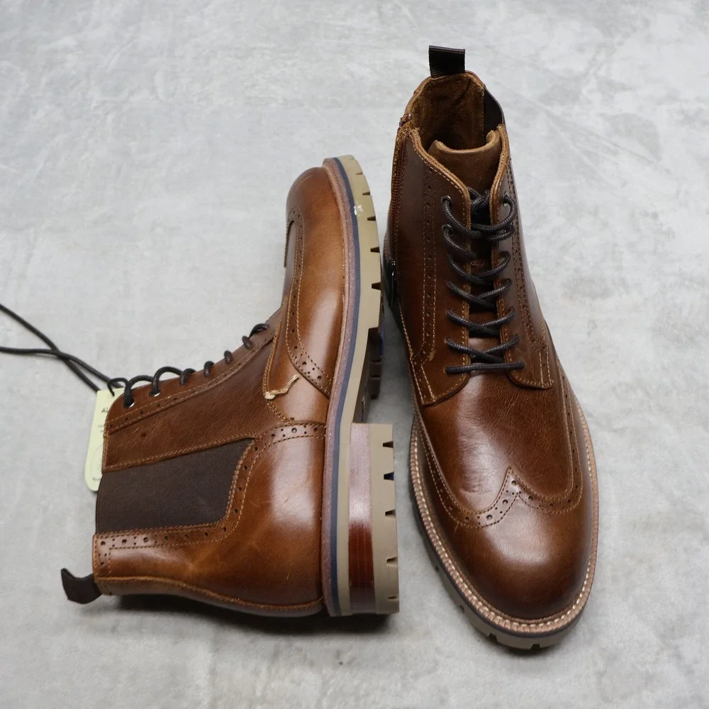 Aldo Men 9 Toney Boot Brown Wingtip Leather Classic Brogue Side Zip Lace-Up NWD
